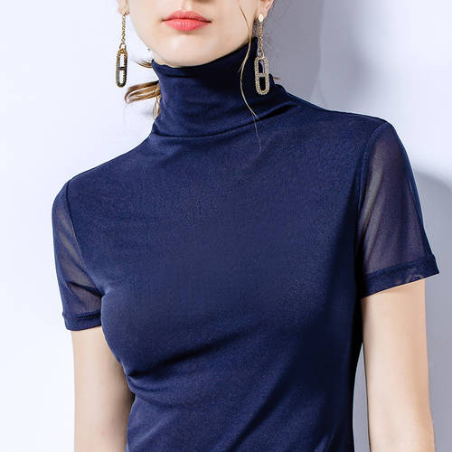 ...에서 블루&레드 심플 t 셔츠 높이 칼라 망사 이너 여성용 얇은 순수한 돈 컬러 스판 기본 슬림 상의 가을옷