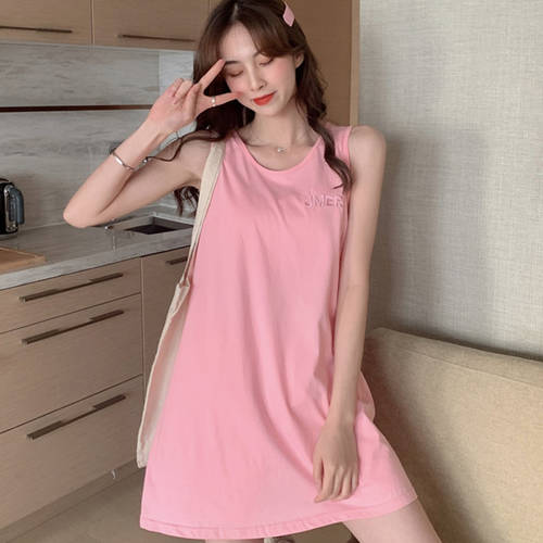 핑크색 조끼 원피스  년 신상 써머 여름용 여성용 부드러운 민소매 티셔츠 T셔츠 스커트 루즈핏 미디 플레어 치마