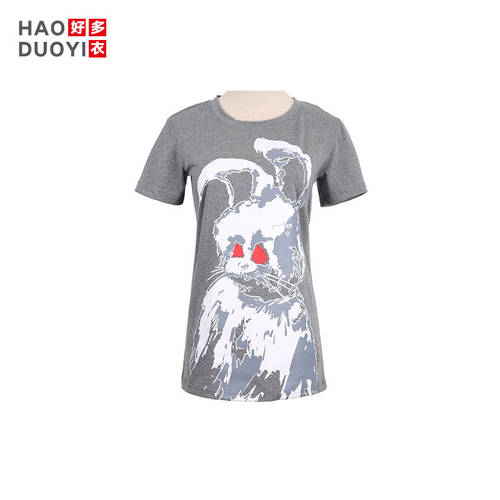 Haoduoyi 신상 여성 의류 패션 트렌드 심플 엽기 토끼 프린팅 라운드 넥 반팔 티셔츠 T셔츠 여성용
