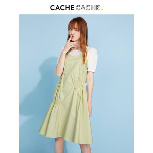 Cache Cache 원피스 세트  써머 여름용 신상 신형 신모델 젊어 보이는 세트 화이트 티셔츠 T셔츠 서스펜더 스커트 슬립 드레스 뷔스티에 2피스