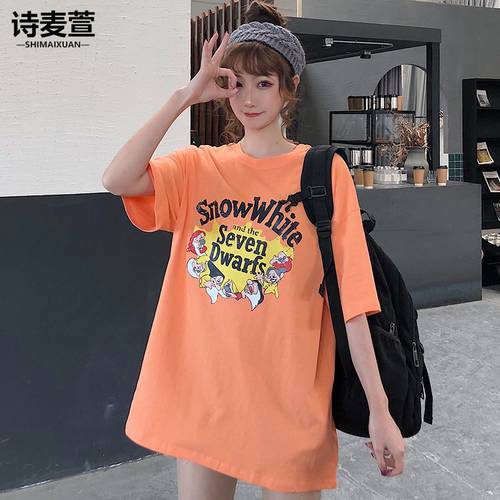 여성복  봄 상의 루즈핏 미디 플레어 순면 반소매 올매치 반팔 티셔츠 T셔츠 학생 서클 칼라 티셔츠