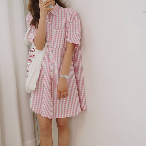 한국어 심플 체크무늬 셔츠 원피스 여성용  아모이 루즈핏 미디 플레어 배 가리는 젊어 보이는 핑크 퍼플 컬러 스커트 아이