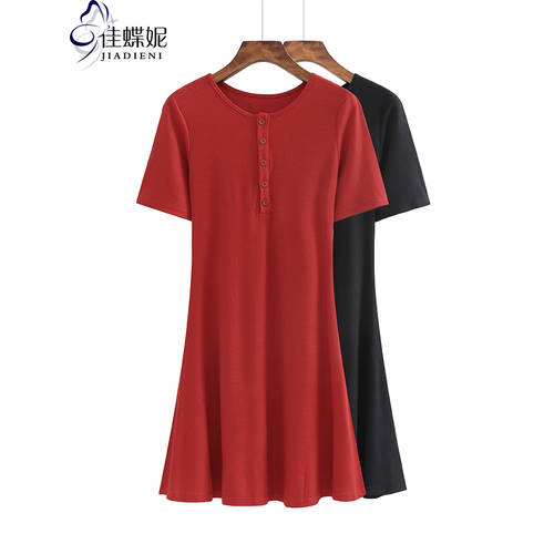 써머 여름용 신상 한국 스타일 순면 라운드 넥 슬림핏 슬림핏 단색 버튼식 SUPERB 짧은 소매 길이 드레스 여성용
