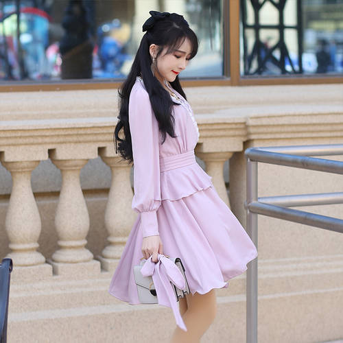 QIQIZHIYUAN 봄 가을 신상 여성 의류 핑크 퍼플 컬러 레이스 레이스 넥타이 긴 소매 긴팔 시폰 원피스