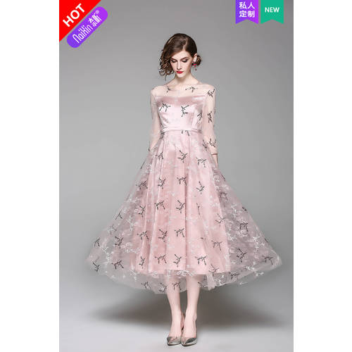 나이 신 주문제작 35853 하이웨이스트 7부 소매 Prom dress 여름 미디 플레어 여성용 꽃무늬 원피스 스커트 가을