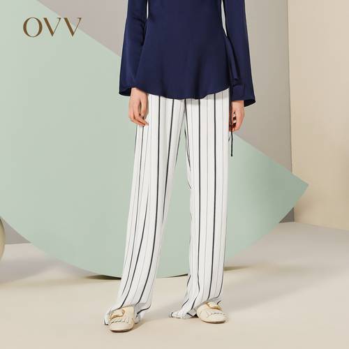 OVV 여성복 봄 여름 인기상품 패션 트렌드 밴딩 허리띠 줄무늬 스트라이프 와이드 팬츠 긴바지 롱 팬츠 여성용