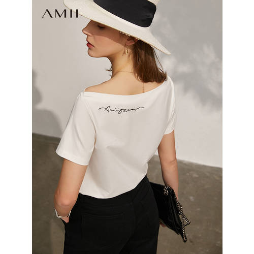 Amii 캐주얼 화이트 티셔츠 T셔츠  여름 지신 제품 상품 쇄골 일자 칼라 자수 슬림핏 짧은 소매 상단 트렌디 여성용