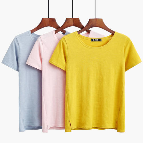 Shi Fanxiu 슬라브 원단 슬러브 코튼 분기 티셔츠 T셔츠 여성용 반팔 순면 슬림핏 루즈핏 올매치 코디하기 쉬운 티셔츠 셔츠 단색 심플 상의