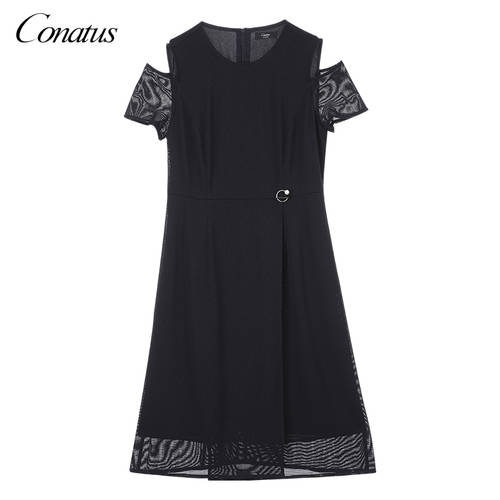 CONATUS/ Konitis 여성복 가을 신상 신형 신모델 패션 트렌드 반팔 망사 끈이없는 중간 길이 드레스