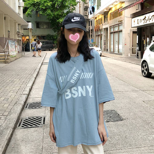ins 요즘핫한 반팔 티셔츠 T셔츠 여성 여름 하라주쿠 bf 캐주얼 올매치 코디하기 쉬운 미디 플레어 루즈핏 홍콩 스타일 chic 상의 패션 트렌드