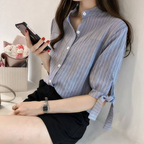  여름옷 신상 한국 스타일 리본 반팔 티셔츠 T셔츠 여성용 줄무늬 스트라이프 시폰 셔츠 루즈핏 슬림핏 상의 패션 트렌드