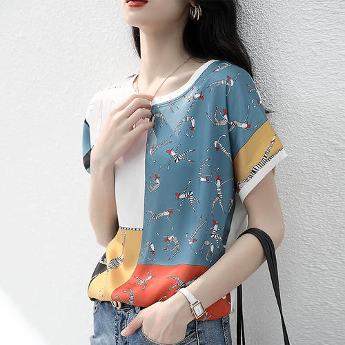 프린팅 시폰 상의 여성용  봄 여름 신상 유럽 상품 실크 루즈핏 얇은 상품 반팔 라운드 넥 조합 티셔츠 T셔츠