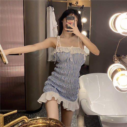 홍콩 스타일 디자인 섹시한 뷔스티에 원피스 선 드레스 여성용  신상 신형 신모델 써머 여름용 프렌치 XIAOZHONG 개성화 허리밴딩 슬림 랩스커트