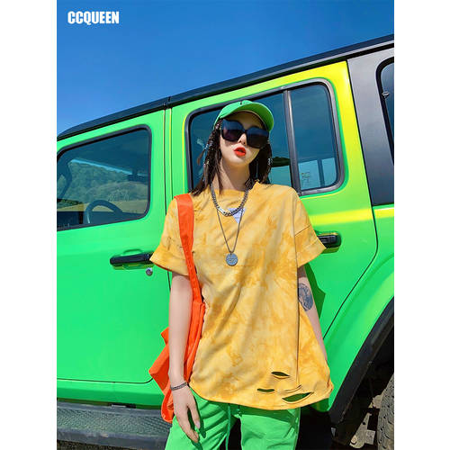 Ccqueen 반팔  년 신상 여성 여름 스트리트 개성있는 핸드메이드 타이다이 염색 수공예 디스트로이드 ins 패션 트렌드 t 셔츠
