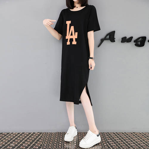  여름옷 신상 한국 스타일 여성용 반팔 프린팅 티셔츠 T셔츠 스커트 고등학생 뚱뚱한 소녀 언니 드레스