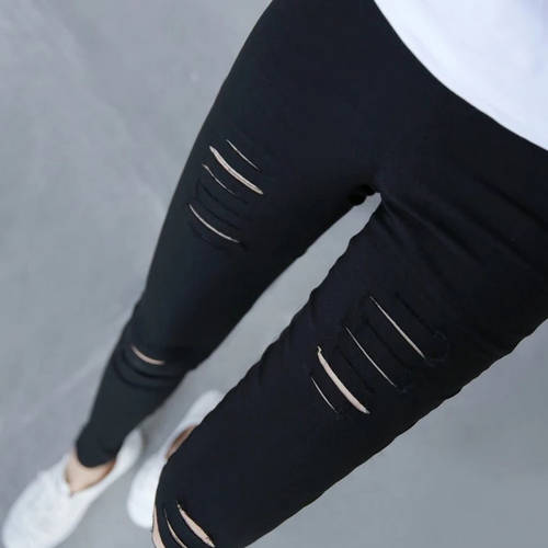 레깅스 디스트로이드 블랙 연필 슬림 얇은 상품  신상 신형 신모델 하이웨이스트 슬림핏 위에 걸쳐 입는 여성용 바지 아이 9부 써머 여름용