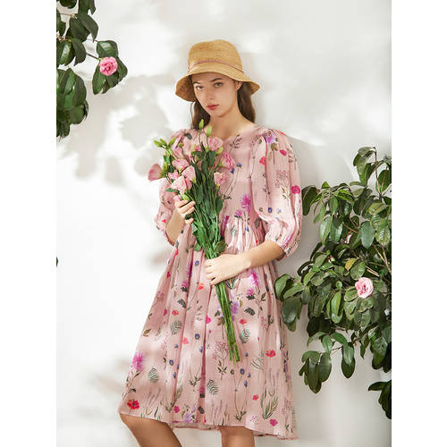 마이크 실크 벌룬 소매 분위기 슬림핏 원피스 봄 여름 스위트 바람 라미 루즈핏 하이웨이스트 꽃무늬 미녀 치마