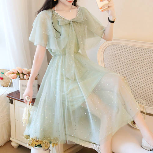 MATCHA GREEN 그린 여신 요정 인기있는 치마 중공업 구슬 장식 리본 허리띠 글리터 순사 요정 여성 드레스 여름용
