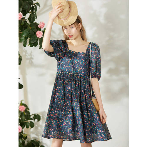 마이크 실크 슬림핏 광장 칼라 버블 소매 드레스 프렌치 레트로 라미 꽃무늬 미디 스커트 하이웨이스트 치마 여름