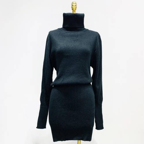 명랑한  봄 가을 신상 신형 신모델 높은 칼라 길이 제품 상품 터틀넥 목폴라 슬림핏 밴딩 롱 소매 뜨개질 스웨터 니트 원피스 여성용