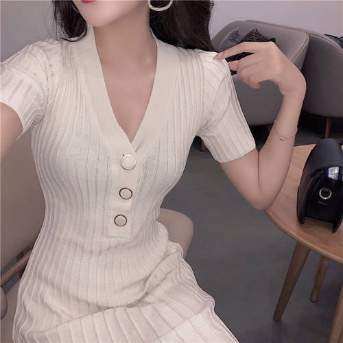섹시한 슬림핏 슬림핏 하이웨이스트 니트 편직 V 칼라 드레스 짧은 소매 길이 제품 상품 슬림 치마 여성 여름 일  패션 트렌드