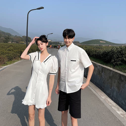 프렌치 커플용 여름옷 원피스 분위기 슬림핏 한국판 XIAOZHONG 개성화 유니크 스타일리쉬한 디자인 짧은 소매 셔츠 세트 패키지 패션 트렌드
