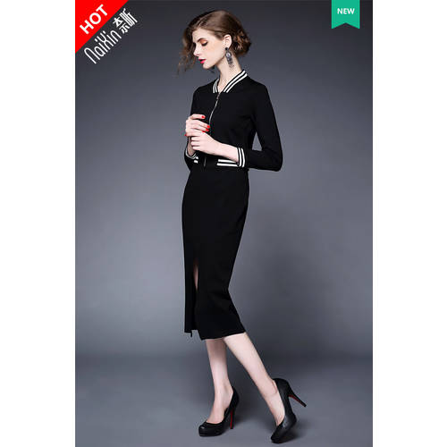 나이 신 주문제작 96211 new dress 패션 트렌드 한국판 여성복 슬림핏 미디 플레어 V 칼라 퓨어 컬러 드레스