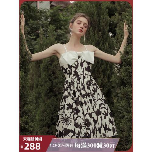 ISISLOVE 오리지널 디자인 우아한 리본 서스펜더 스커트 슬립 드레스 뷔스티에 순면 블랙 프린팅 짧은 드레스 여성 여름