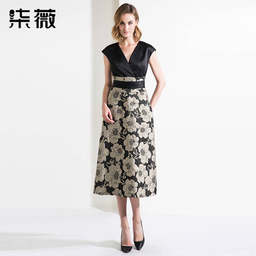 Qi Wei  아니 소매 드레스 여성 가을 미디 플레어 신상 신형 신모델 슬림핏 V 칼라 하이웨이스트 레트로 자카드 패턴 롱 스커트 보여 주다
