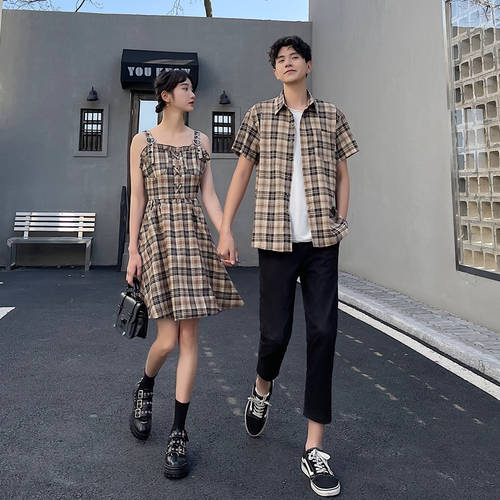 주요 사랑 커플용 여름 시즌 커플 버전 ins 요즘핫한 레트로 체크무늬 밴딩 원피스 남성용 셔츠 스커트 Yiyi