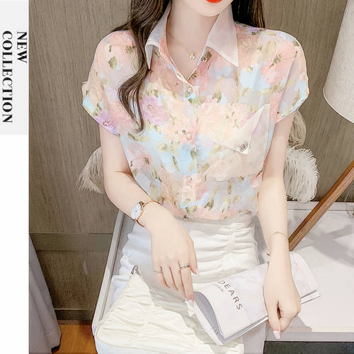 칼라 넥 블라우스 내의 여성 여름 반팔 유니크 스타일리쉬한 디자인 XIAOZHONG 개성화 오간자 상의 꽃무늬 시폰 루즈핏 그린 컬러베이스 t 셔츠