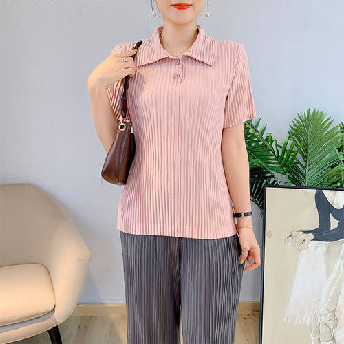 Miyake 주름 두꺼운 재질 티셔츠 T셔츠  가을 신상 신형 신모델 라운드 넥 티셔츠 T셔츠 슬림핏 칼라 넥 블라우스 내의 핑크색 상의 여성용