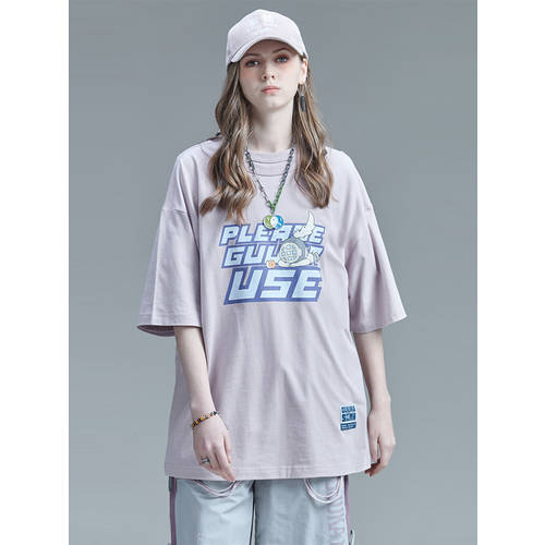 GUUKA&SANK Zangke 콜라보에디션 핑크색 티셔츠 T셔츠 여성용 반팔 트렌디 유행 브랜드 힙합 커플 스포츠 5 분할 슬리브 여성 여름 루즈핏