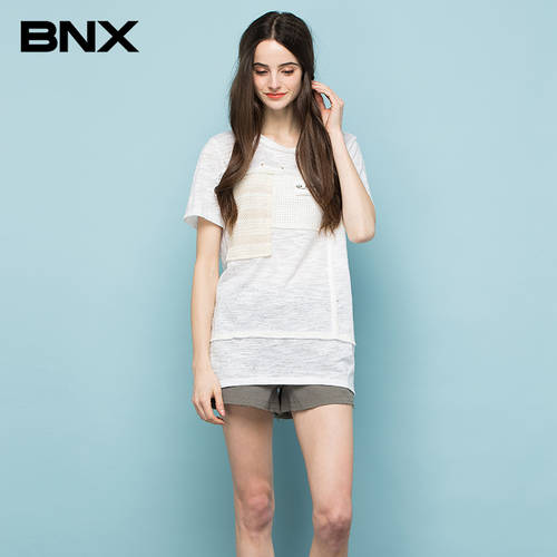 BNX 써머 여름용 신제품 라운드 넥 여성복 태슬 레이스 조합 티셔츠 T셔츠 여성용 캐주얼 와이드 느슨하고 짧은 소매 상의 단색 미디 플레어