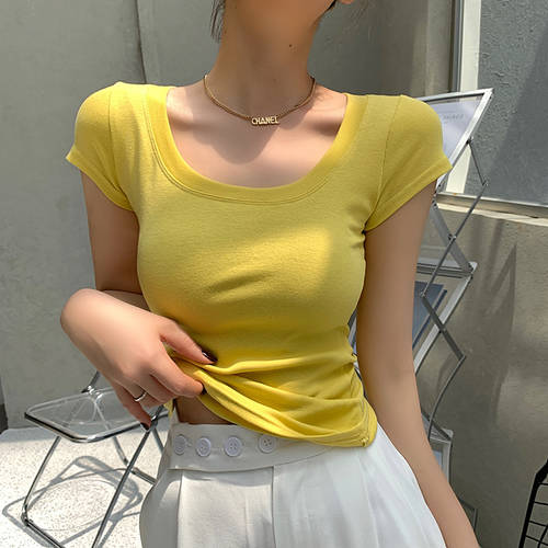 한국어 버전 힘 슬림핏 슬림핏 반팔 t 셔츠 여성용 옐로우 젊어 보이는 큰 고리 포트 짧은 쇼트 상의 써머 여름용 분위기 반소매