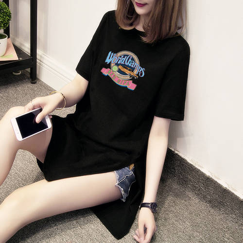 한국 절개 트임 블랙 반팔 t 셔츠 여성용 루즈핏 슬림핏 큰 버전 반소매 써머 여름용 대형 빅 사이즈 미디 플레어 프린팅 상의
