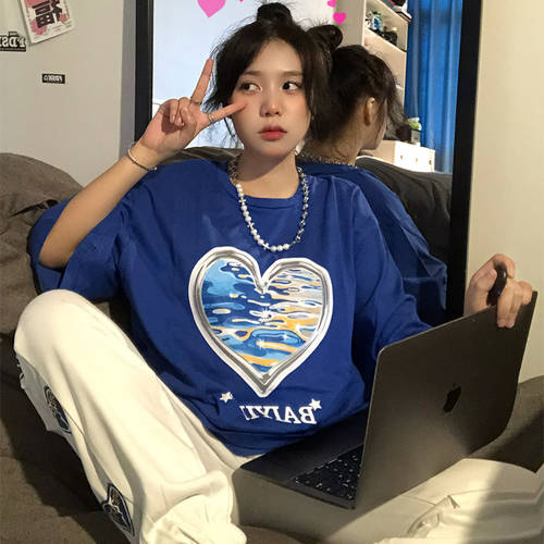 Kasheng 해양 의 심장 반팔 여성용 여름철 신상 신형 신모델 ins 패션 트렌드 미식 vintage 루즈핏 블루 커플용 티셔츠 T셔츠