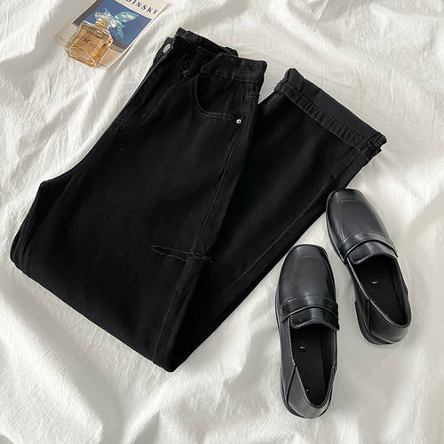 블랙 디스트로이드 데님 스트레이트 핏 바지 여성 가을철 얇은 상품 유니크 스타일리쉬한 디자인 XIAOZHONG 개성화 올매치 코디하기 쉬운 루즈핏 하이웨이스트 슬림핏 와이드 팬츠