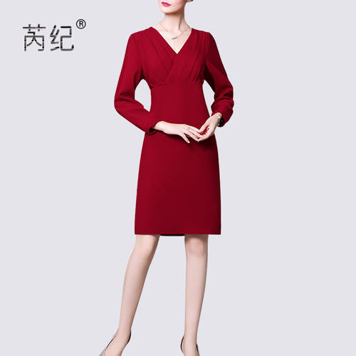 분위기 V 칼라 드레스 여성용  가을옷 신상 신형 신모델 하이웨이스트 슬림핏 미디 플레어 슬림 랩 스커트 섹시한 레드 펜슬 스커트