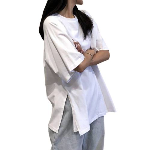한국판 ins Chaoxia 지신 순수한 돈 흰색 짧은 소매 하라주쿠 스타일 루즈핏 큰 버전 양쪽 절개 트임 단색 반소매 티셔츠 T셔츠 여성용