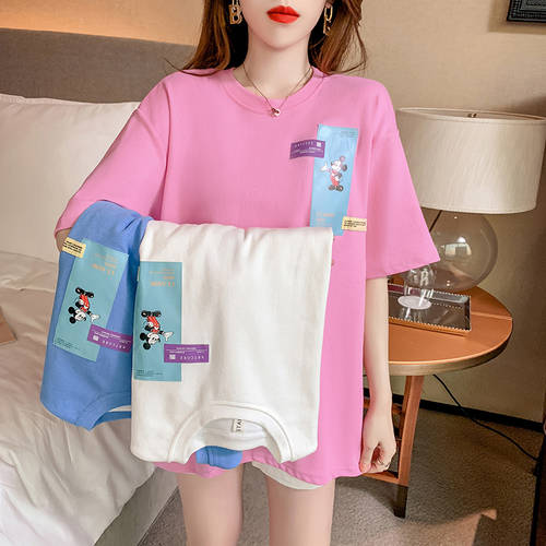 핑크색 반팔 t 셔츠 여성용 ins 요즘핫한 요즘핫템 셀럽 상의  써머 여름용 유럽 상품 큰 버전 루즈핏 누락 된 셔츠 반소매