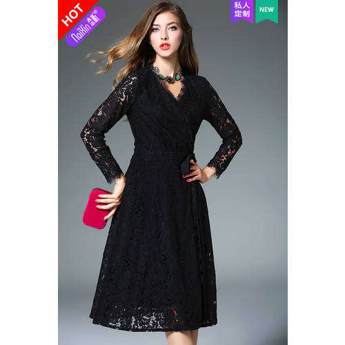 나이 신 주문제작 124599 여성용 우아한 블랙 치마 디자인 붕대 레이스업 a 치마 레이스 V 칼라 소매 드레스
