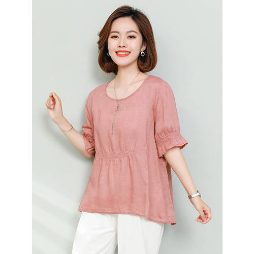 어머니 코튼 린넨 t 셔츠 여성용 반팔 얇은 상품 상의 여름옷  년 신상 루즈핏 한국어 버전 가스 티셔츠 유행 트렌드