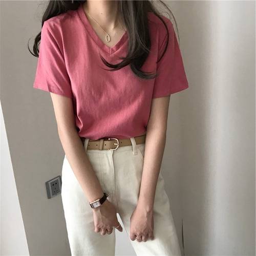 써머 여름용  년 신상 한국 스타일 순면 이너 V 칼라 퓨어 짧은 색상 소매 이너웨어 상의 요즘핫템 셀럽 t 셔츠 여성용 ins 패션 트렌드