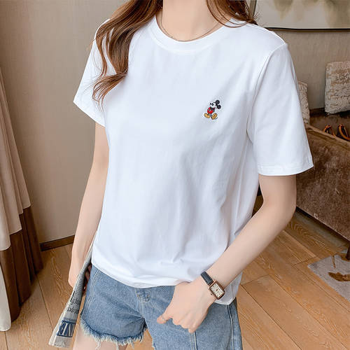  여름 지신 하얀 짧은 색상 소매 어깨 t 셔츠 여성용 루즈핏 올매치 코디하기 쉬운 자수 상의 얇은 상품 젊어 보이는 티셔츠