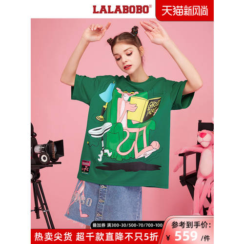 LALABOBO 여름 신상 핑크 팬더 콜라보에디션 얼음 산소 바 오프셋 인쇄 반팔 티셔츠 T셔츠 여성용 |F21B-WSDT13