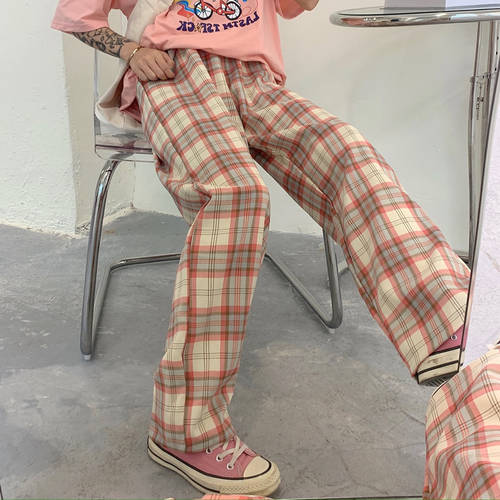 체크무늬 바지  년 신상 써머 여름용 얇은 상품 루즈핏 하이웨이스트 슬림핏 뚝 떨어지는 핏 직진 튜브 레저 와이드 팬츠 여성용