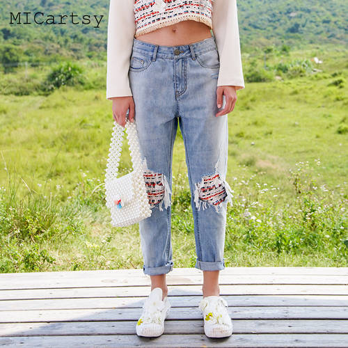 MICartsy 왕 지산  써머 여름용 신상 신형 신모델 덧붙여 대는 세공 디스트로이드 청바지 데님팬츠 여성 장로 바지 높이 벨트 오리지널 디자인