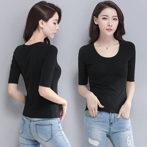 블랙 하프 슬리브 t 셔츠 여성용 라운드 넥 슬림 슬림핏 얇고 순수하다 짧은 색상 7 점 소매 안쪽 베이스 셔츠 가을 겨울 상품