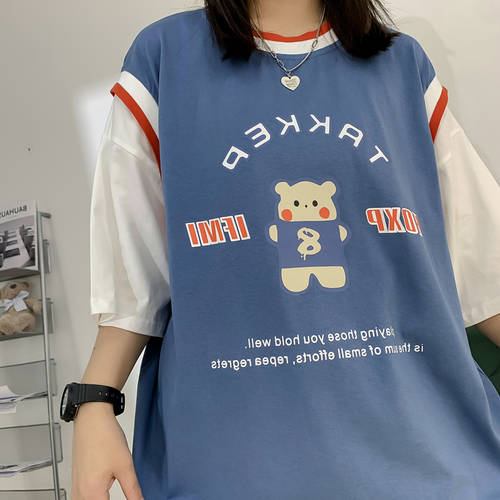 일본풍 반팔 티셔츠 T셔츠 여성용 요즘핫템 셀럽 ins Chaoxia Jikuan 느슨하게 귀여운 베어 레이어드 레이어링 컬러매칭 조합 커플 상의